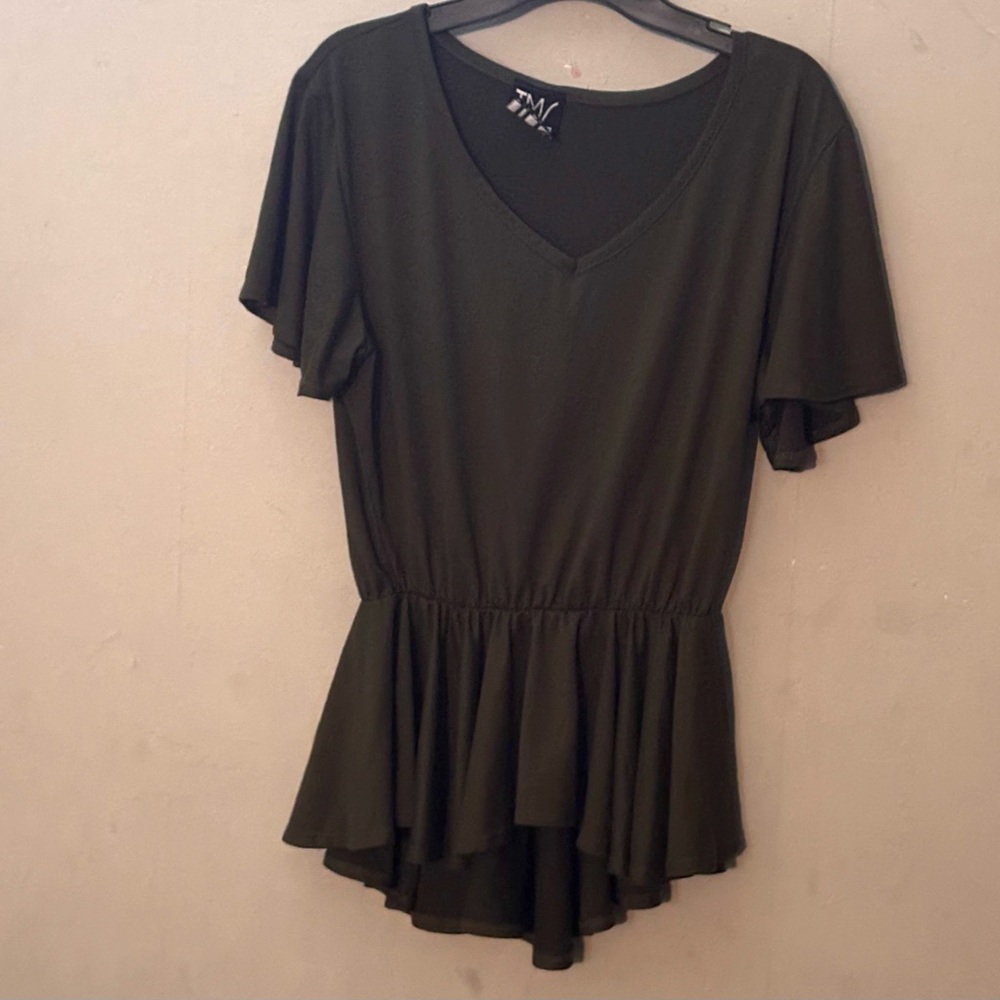 Chic Olive Green Peplum Blouse, bottom flare V-neck front. Very elegant -218